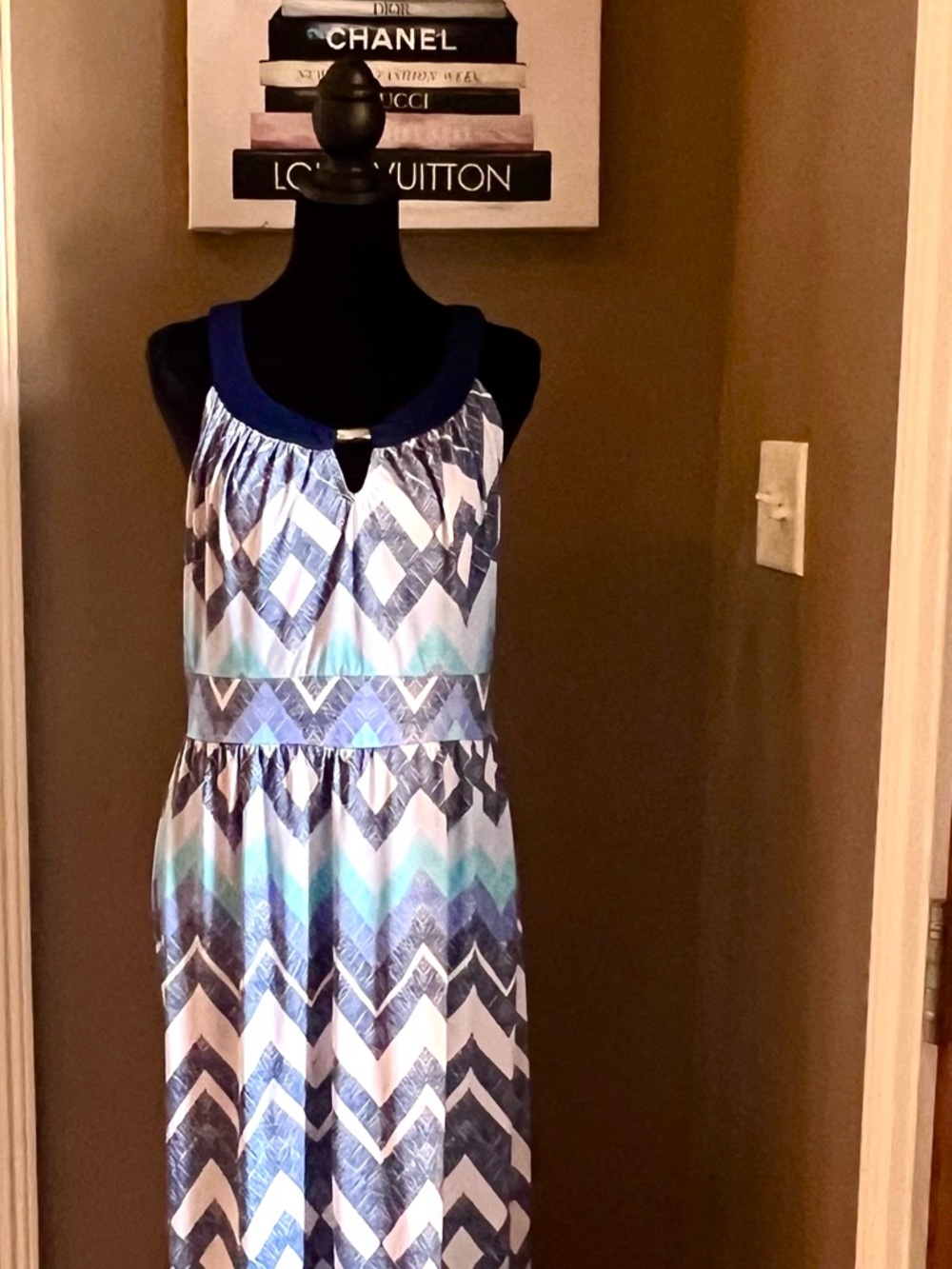 Pre-owned New Directions Blue and White Geometric Maxi Dress